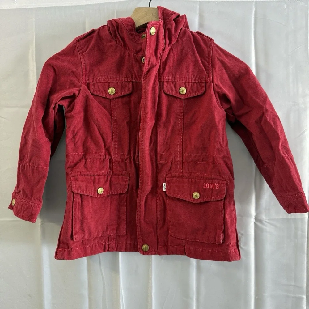 Vintage 90s Levi's Girls' Size‎ 6 (5-6 YRS) Red Coat Jacket Hood Full Zip Chore